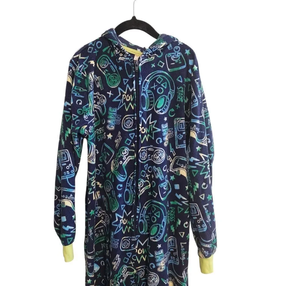 Cat & Jack Boys' Gamer 'Game On' One Piece Hooded Pajama Fleece Sleeper Med 8/10